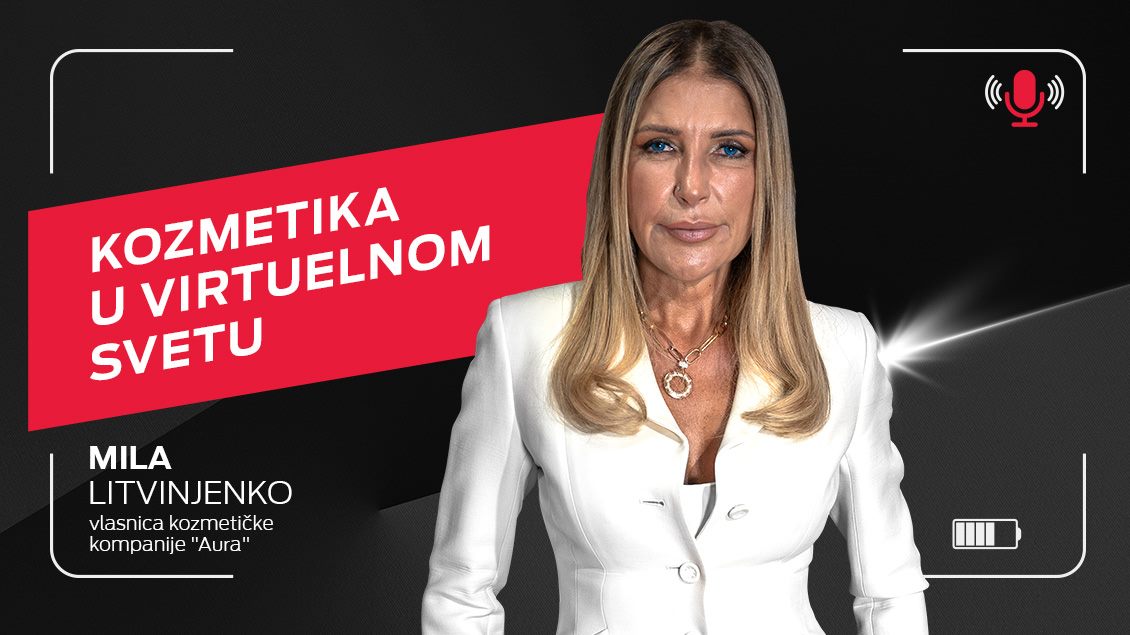 Mila Litvinjenko, vlasnica kozmetičke kompanije 'Aura', ispred natpisa 'Kozmetika u virtuelnom svetu'