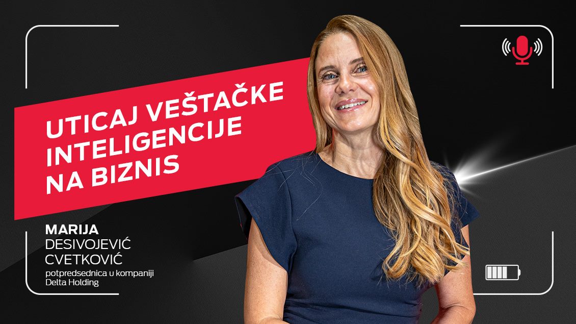 Portret Marije Desivojević Cvetković, potpredsednice kompanije Delta Holding, sa crveno istaknutim naslovom `Uticaj veštačke inteligencije na biznis'.