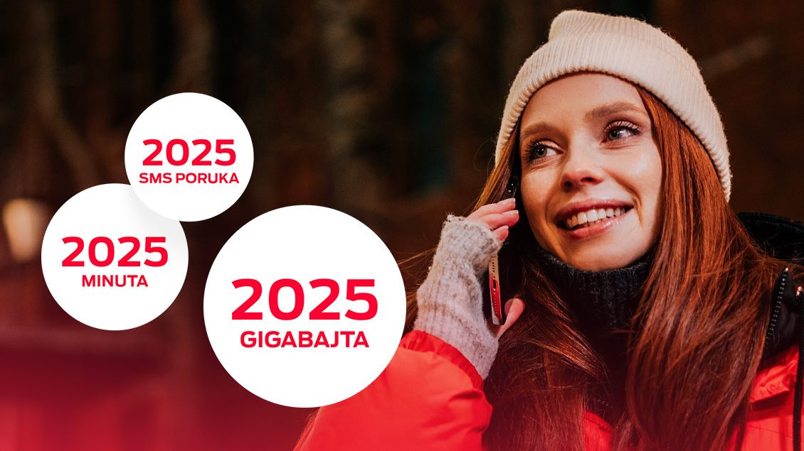 Žena sa crvenom kosom u zimskom okruženju razgovara telefonom, uz prikaz bonusa: 2025 GB interneta, 2025 minuta razgovora i 2025 SMS poruka.