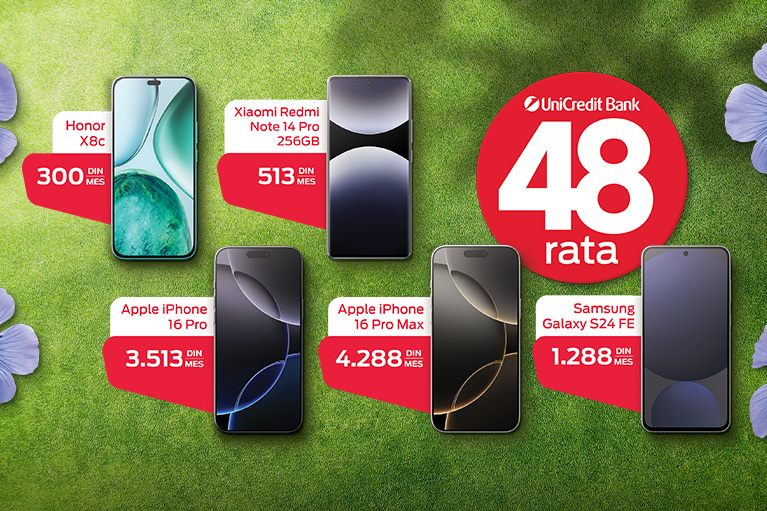 Promotivna ponuda mts pametnih telefona: Xiaomi, Honor, iPhone i Samsung, na 48 mesecnih rata, sa cenama mesecnih rata, na zelenoj travi ukrasenoj ljubicastim cvetovima.