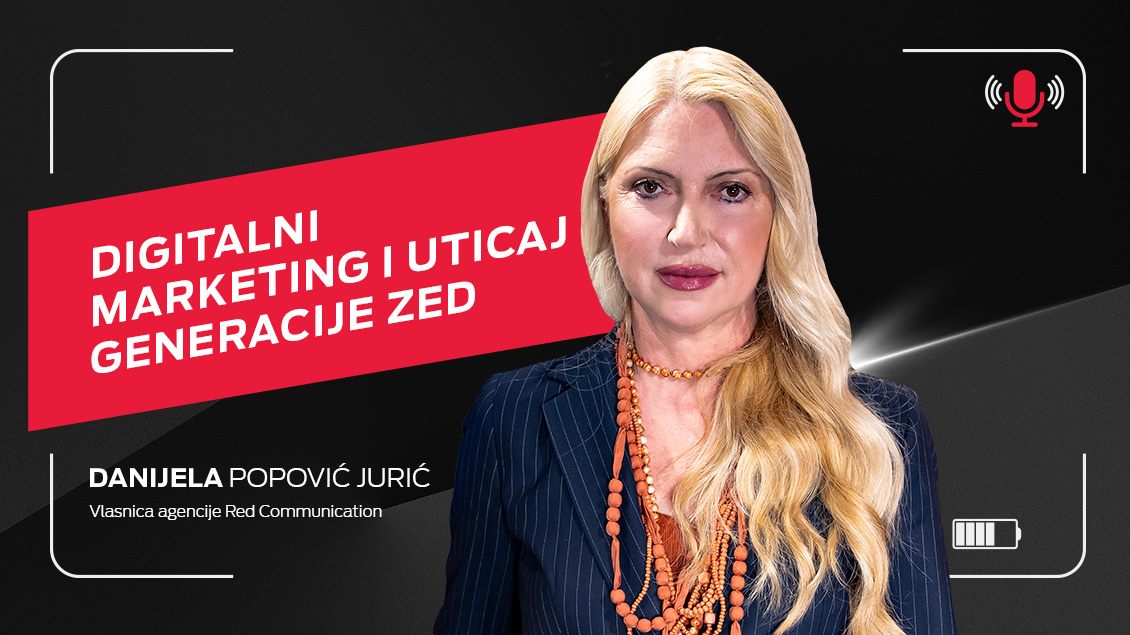 Vlasnica marketinške agencije Red Communication, Danijela Popović Jurić na crnoj pozadini sa crvenim natpisom Digitalni marketing i uticaj generacije Z.