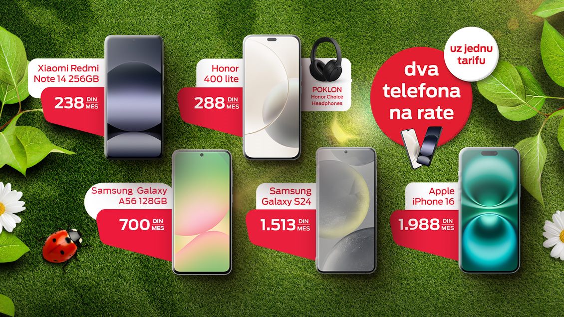 Ponuda mobilnih telefona na prolećnoj pozadini, sa stikerom: ‘Dva telefona na rate uz jednu tarifu.