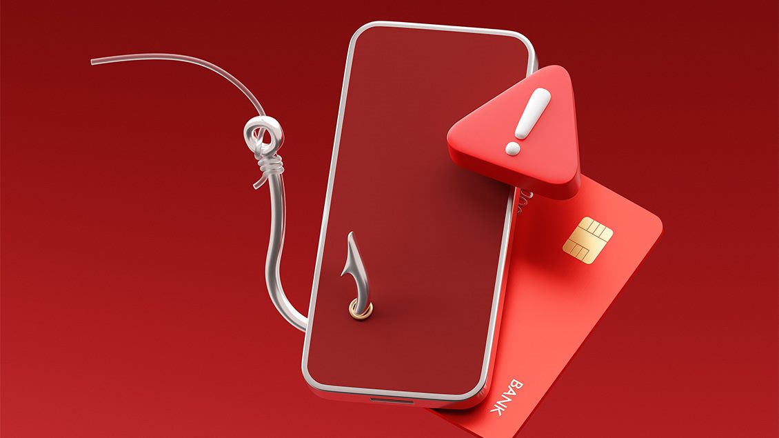 Ilustracija telefona sa udicom, znakom upozorenja i platnom karticom prikazuje upozorenje i opasnost od napada putem mobilnog telefona.