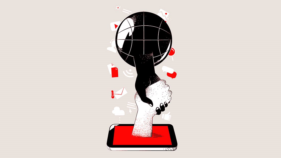 Ilustracija osobe koja se krece ka laptopu, okružena orbitama sa crvenim tackicama.