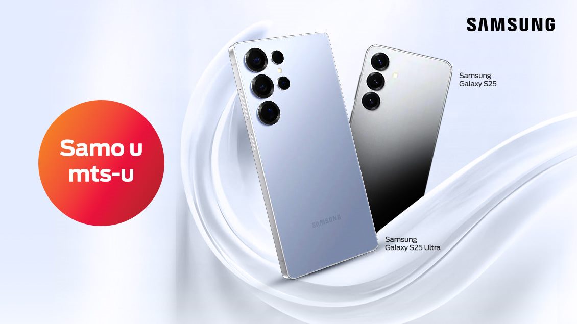 Slika sa Samsung Galaxy S25 i S25 Ultra telefonima sa  porukom o 12.000 dinara popustu za kupovinu drugog Samsung telefona, i stikerom: Samo u mts-u.