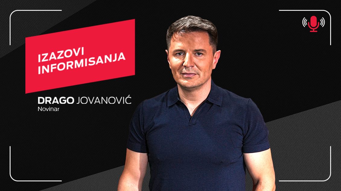 Novinar, urednik i TV voditelj, Drago Jovanović na crnoj pozadini sa crvenim natpisom  Izazovi informisanja.