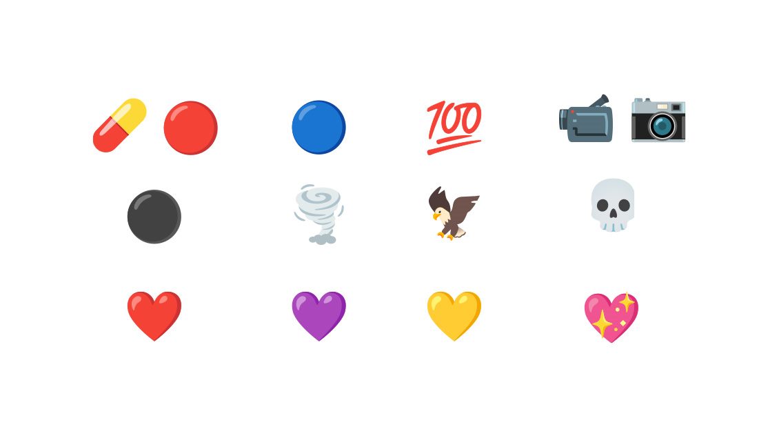 Na slici se nalaze razni emodžiji među kojima su pilulica, šareni krugovi, broj 100, kamera, lobanja, orao, vrtlog i srca u različitim bojama.