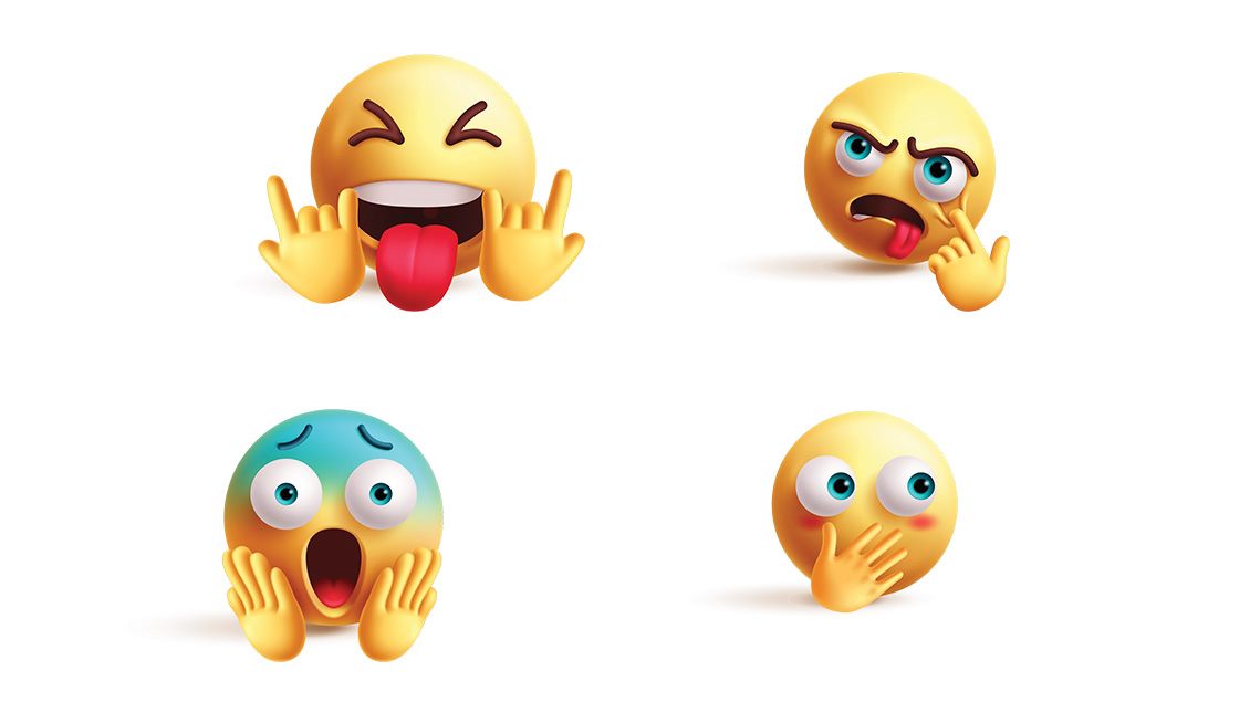 Na slici su prikazani emotikoni sa različitim ekspresijama, od prkosne i ljute do uznemirene i iznenađene.