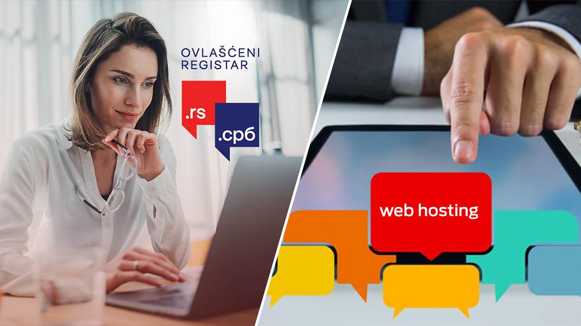 Prikaz dve slike, na jednoj žena koristi laptop za registraciju .rs i .срб domena, dok na drugoj muškarac u poslovnom odelu rukom pokazuje na ekran tableta sa ilustracijama prikaza polja za poruke.