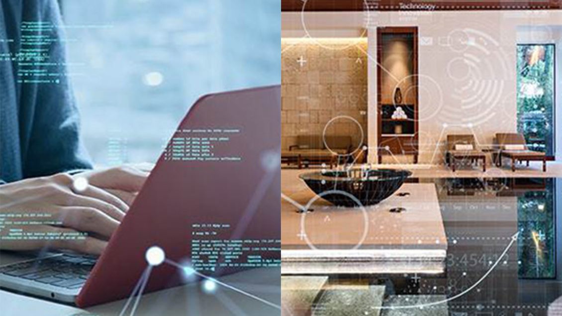 Dve slike spojene, levo su prikazane ruke koje kucaju na laptopu sa prikazom digitalnih kodova, a na desnoj je moderan enterijer, sa sofama i stolom, preko kojeg su prikazane virtuelne grafike.