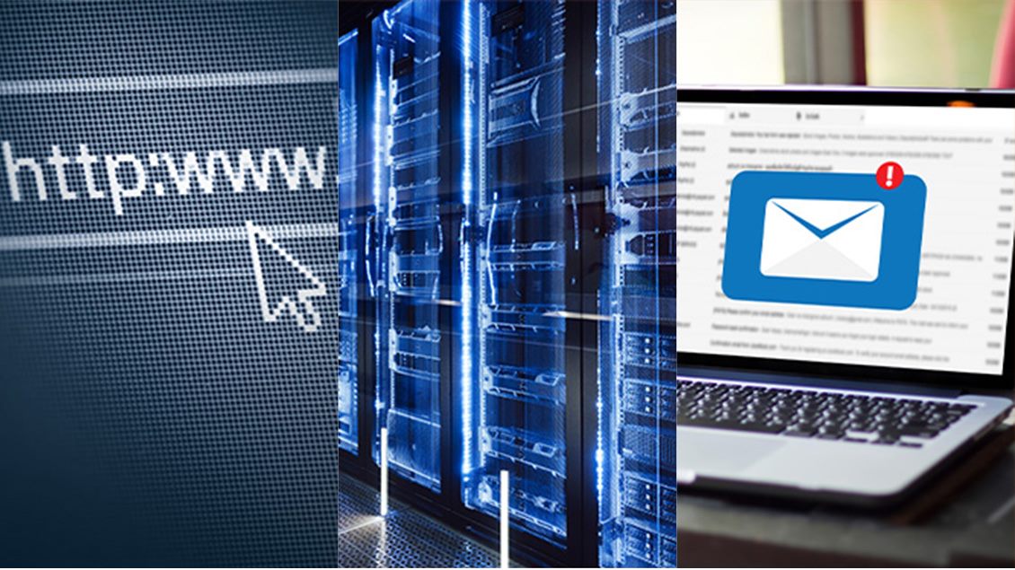 Tri slike spojene u kolaž: levo prikaz ekrana sa strelicom miša na „http:www, u sredini su serveri u data centru i desno laptop sa otvorenom elektronskom poštom i ikonicom nove poruke.