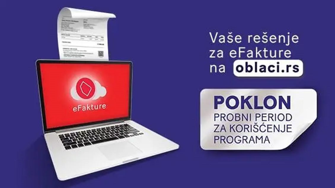 Laptop sa prikazom eFakture i računa koji izlazi iz ekrana, uz promo tekst sa desne strane o poklon probnom periodu i rešenju za eFakture na oblaci.rs.