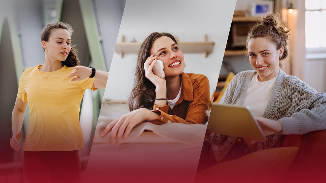 Devojka koristi pametni sat tokom treninga, razgovara telefonom i koristi tablet – uz uslugu Jedan za sve