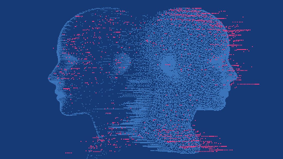 Ilustracija ljudske glave i njene replike okrenute u suprotnom smeru napravljene od digitalnih tačkica i linija.