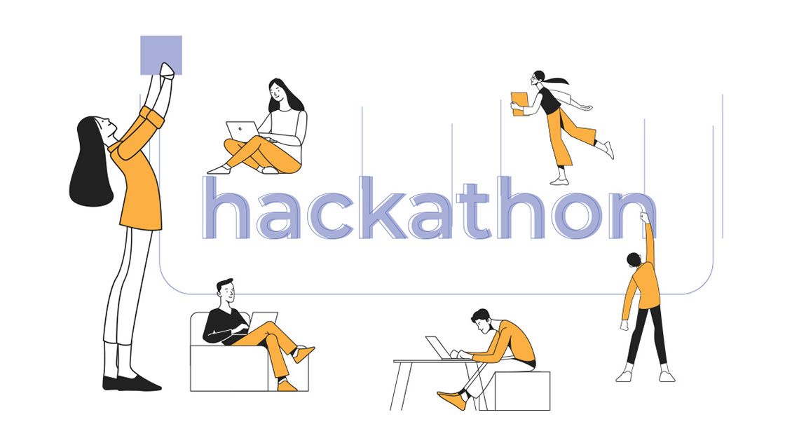 Ilustracija grupe ljudi koji u različitim položajima rade na laptopovima i tabletima, uz veliki natpis hackathon.