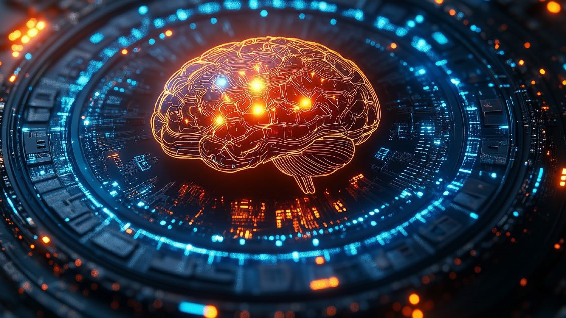 Ilustracija ljudskog mozga sa mrežnim linijama u obliku orbite, u futurističkom okruženju sa plavim i narandžastim svetlima.