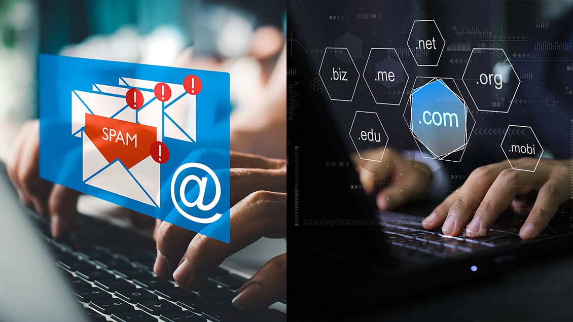 Dva prikaza - levo prijem spam mail-ova sa upozorenjem i desno više opcija domena kao zaštite od spamova.