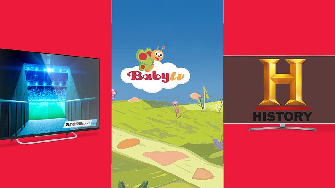 Prikaz vizuala za kanale: Arena Sport sa fudbalskim stadionom, Baby TV sa leptirićem na livadi i History sa zlatnim slovom H na ekranu.