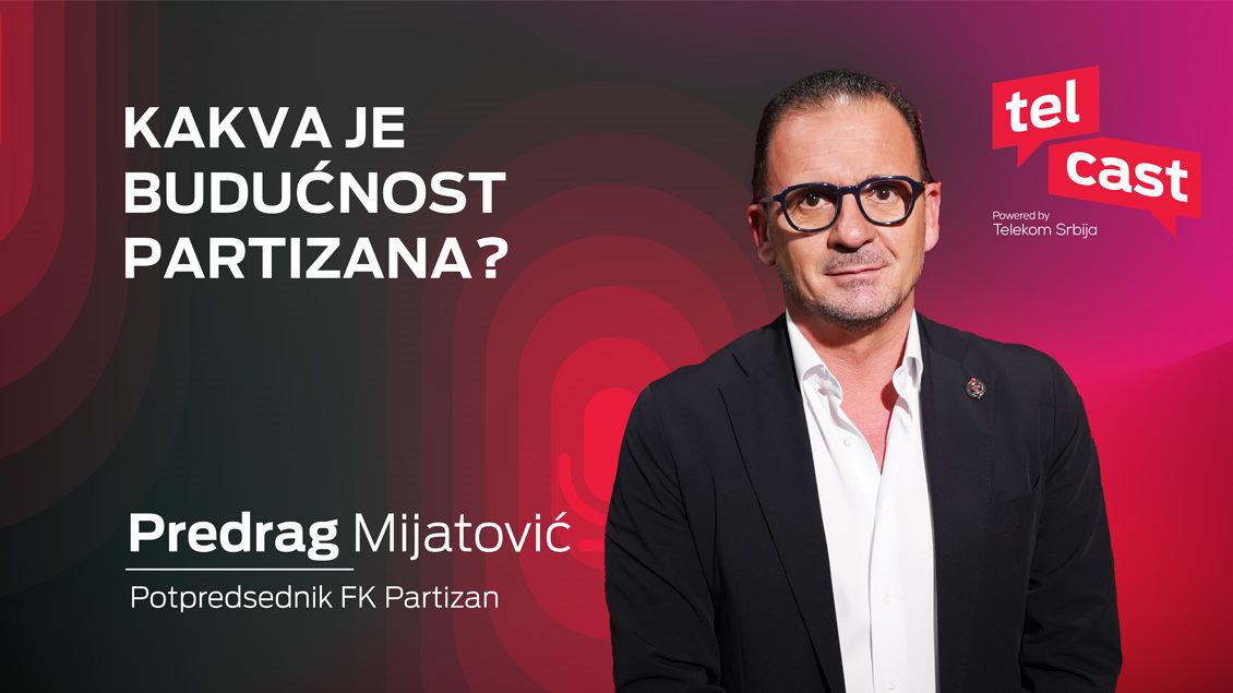 Na slici je Predrag Mijatović, potpredsednik FK Partizan, sa natpisom „Kakva je budućnost Partizana?“ i logom Telcasta.