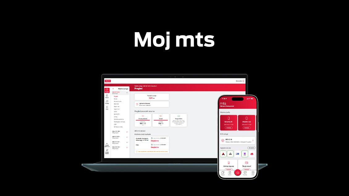 Prikaz novog Moj mts portala na laptopu i mobilnom telefonu sa pregledom aktuelnih tarifa, dodatnih servisa, digitalnih usluga i mogućnosti upravljanja računima.