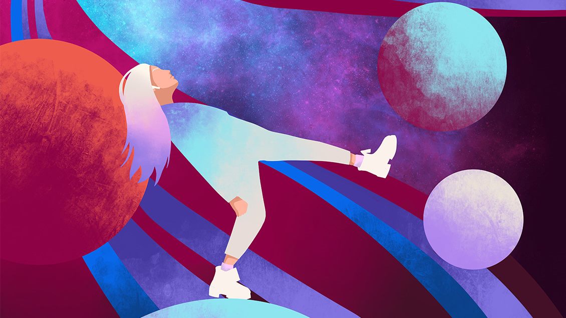 Ilustracija žene koja leži u apstraktnom, metaverzum okruženju sa planetama i jarkim bojama.