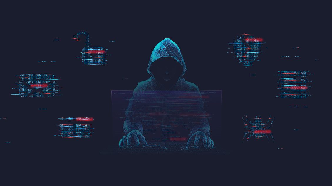 Digitalna ilustracija hakera u kapuljači ispred tamne pozadine sa mrežom podataka, simbol sajber napada.