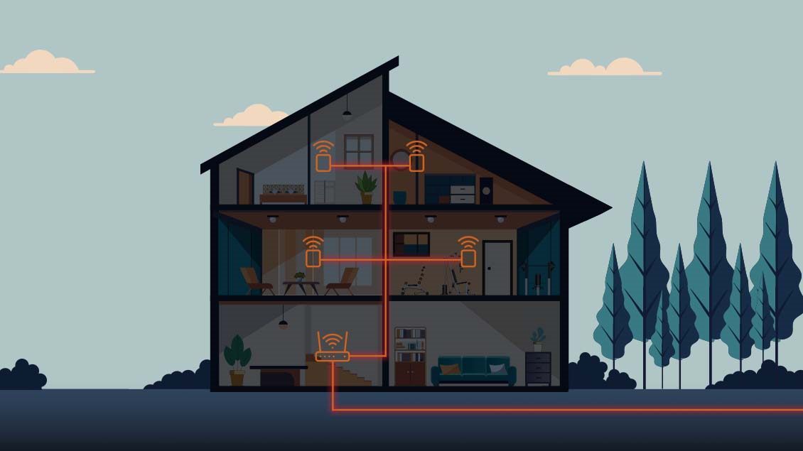 Ilustracija kuće sa prikazom FTTR tehnologije – optički kablovi povezuju svaku sobu i obezbeđuju stabilan Wi-Fi signal u celom domu.