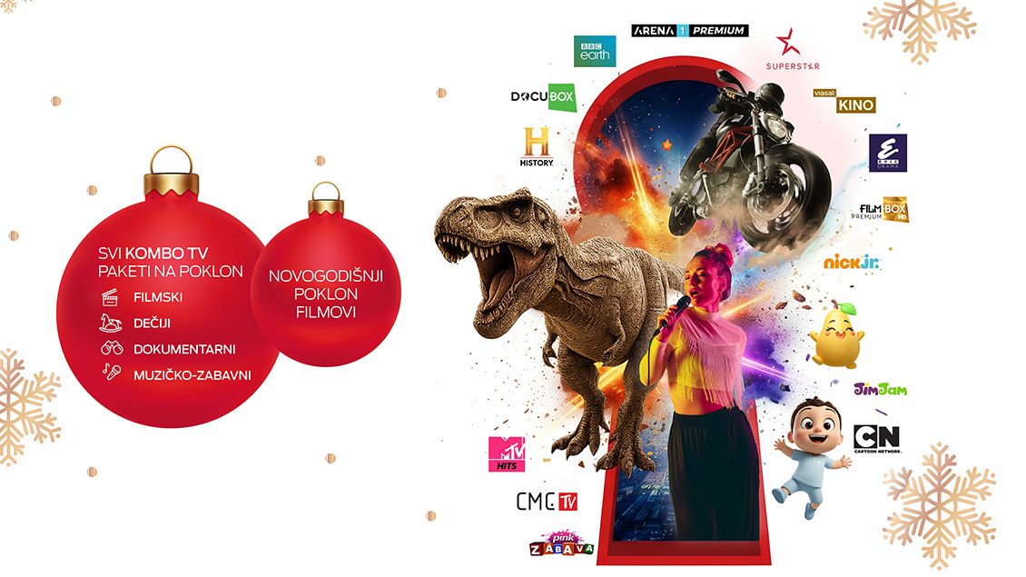 Novogodišnji promo vizual sa crvenim kuglama i motivima poput T-rexa, motora, pevačice i logotipa popularnih TV kanala, koji izlaze iz ključaonice simbolišući otključane kanale i sadržaje Video klub ponude.