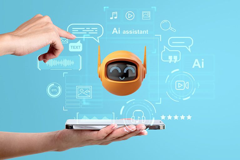 Ilustracija digitalnog AI asistenta koji lebdi iznad pametnog telefona, okružen ikonama za poruke, muziku, tekst i pretragu.