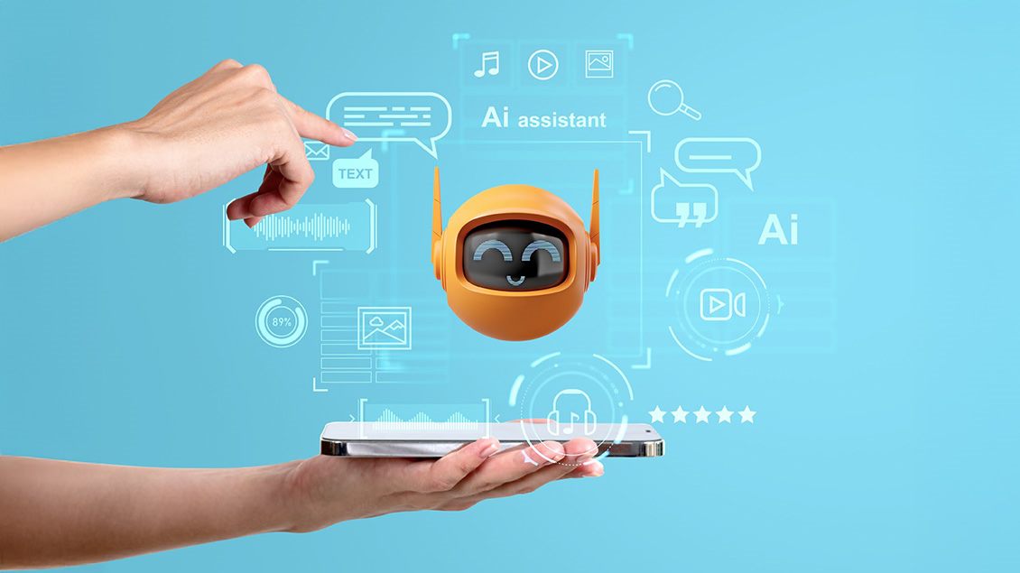 Ilustracija digitalnog AI asistenta koji lebdi iznad pametnog telefona, okružen ikonama za poruke, muziku, tekst i pretragu.