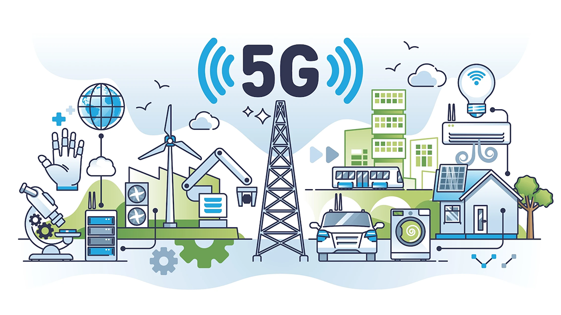 Ilustracija 5G tehnologije i IoT uređaja u industriji, transportu, pametnim gradovima i pametnim kućama