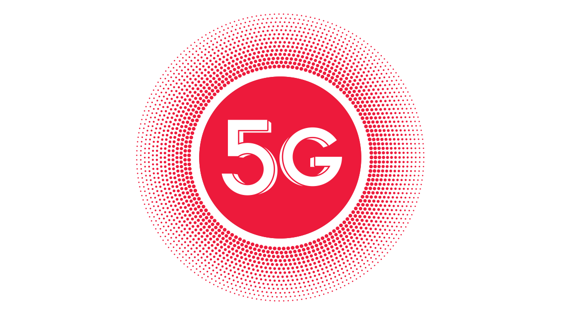 5G logo u crvenom krugu sa radijalnim tačkastim efektom