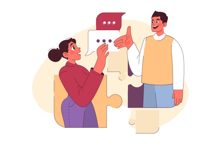 Ilustracija muškarca i žene koji razgovaraju, simbolizujući izgradnju poverenja.
