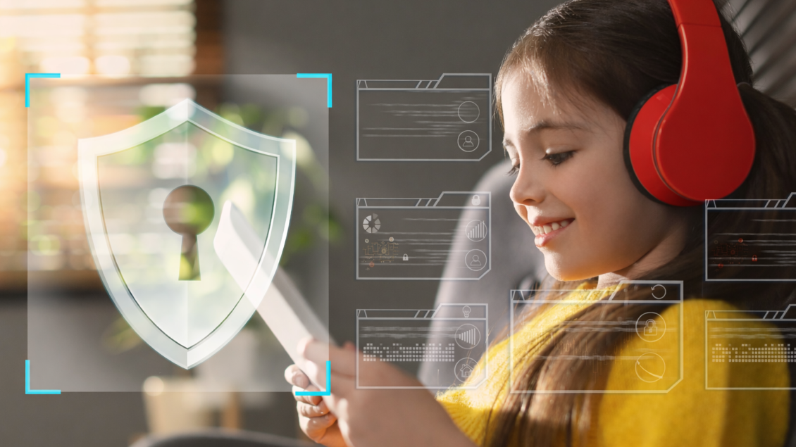 Devojčica koristi tablet uz prikaz digitalne zaštite i privatnosti na internetu