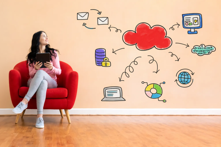 Ilustracija kako radi cloud tehnologija i čuvanje podataka na internetu.