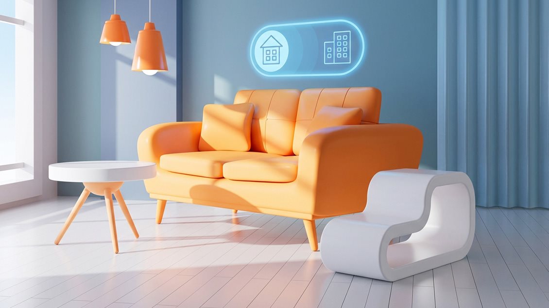 Dnevi boravak sa futuristički dizajniranim pametnim nameštajem.