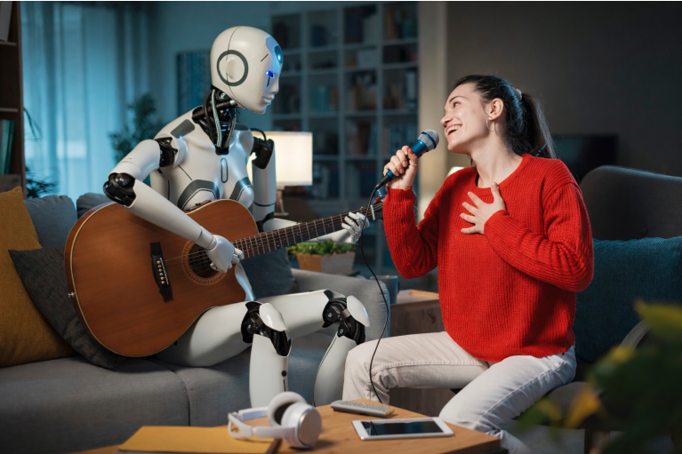 Robot svira gitaru, devojka u crvenom džemperu peva.