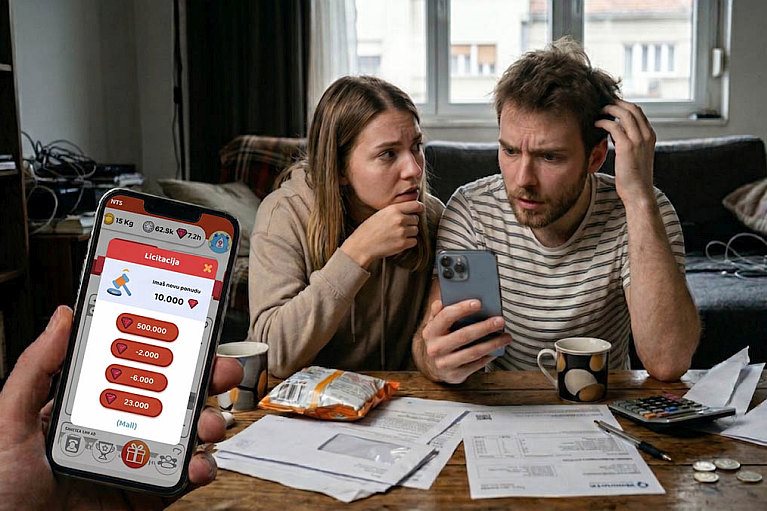 mts loyalty, par koji gleda u telefon i iščekuje rezultat nagrade.