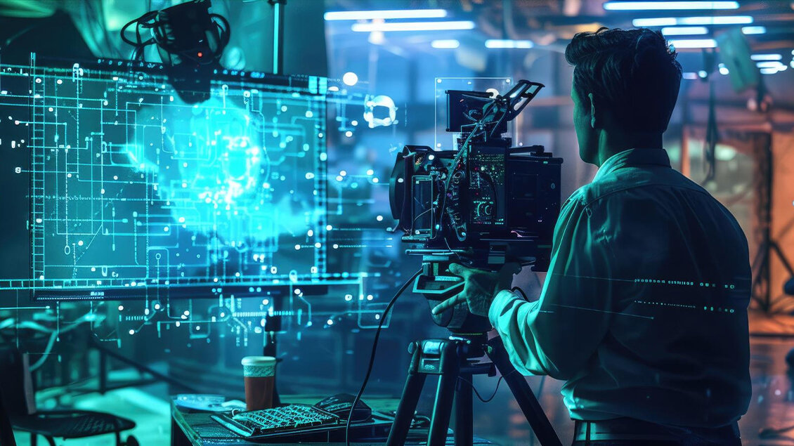 IoT tehnologija na filmskom setu – snimatelj koristi pametnu opremu i digitalna rešenja za produkciju i upravljanje snimanjem.