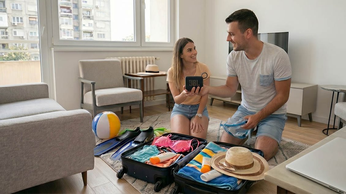 Par pakuje kofere za letovanje uz prenosni Bluetooth zvučnik i opremu za plažu.