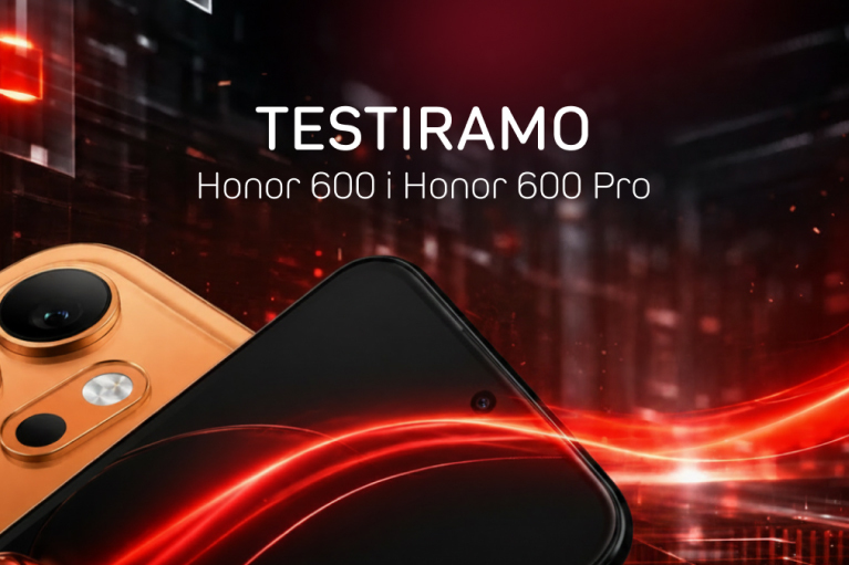Honor 600 i Honor 600 Pro telefoni sa natpisom ‘TESTIRAMO’ na futurističkoj crveno-crnoj pozadini.
