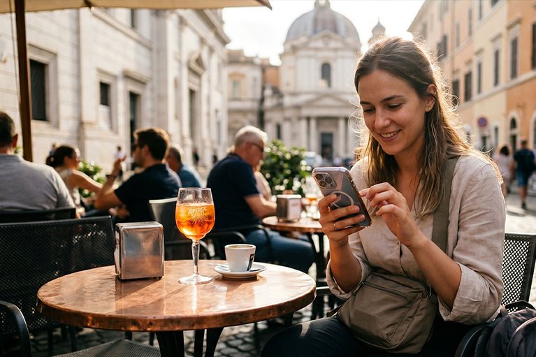 Žena koristi pametni telefon u kafiću tokom putovanja u inostranstvu, ilustrujući korišćenje mobilnog interneta i roming usluga na odmoru.