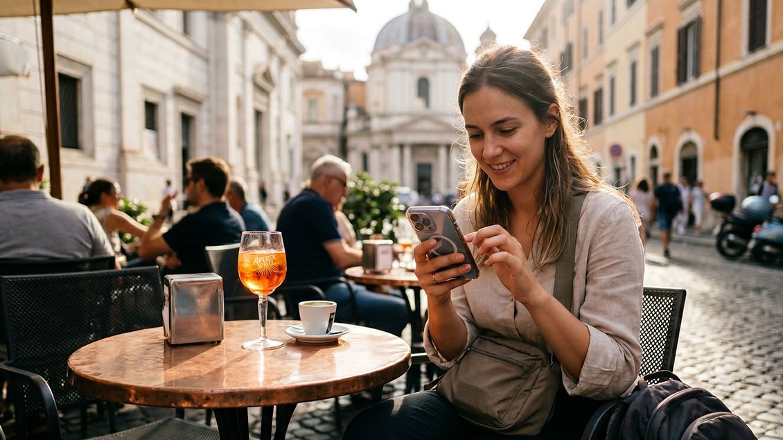 Žena koristi pametni telefon u kafiću tokom putovanja u inostranstvu, ilustrujući korišćenje mobilnog interneta i roming usluga na odmoru.