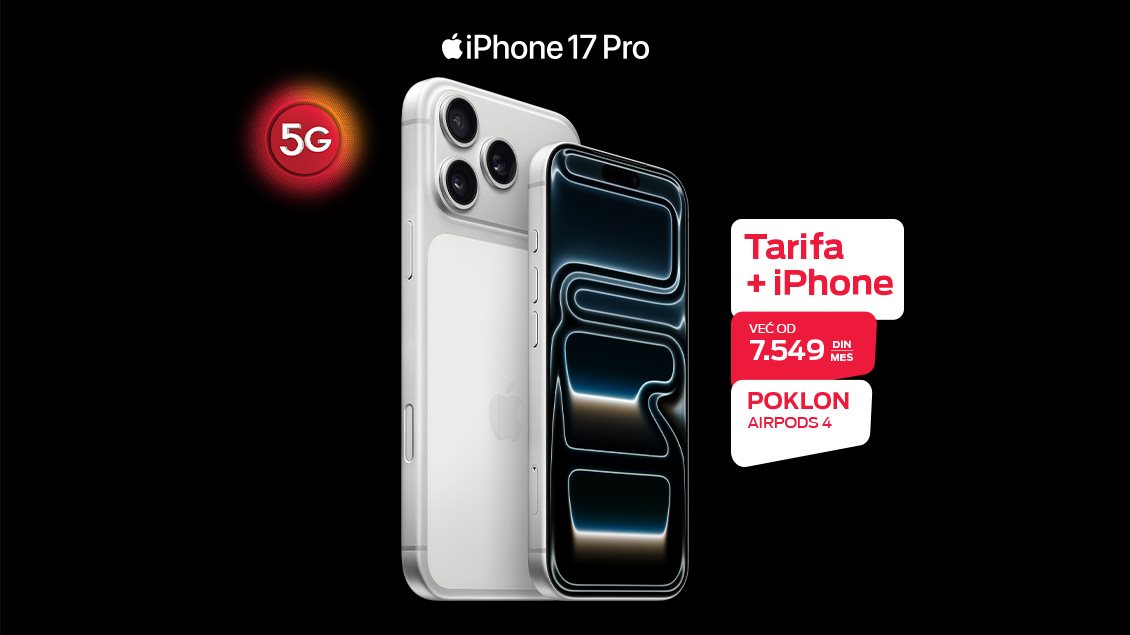 Promotivna ponuda za Apple iPhone 17 Pro sa stikerima: 5G, tarifa + iPhone, već od 7.549 dinara mesečno i poklon Apple AirPods 4 slušalice.
