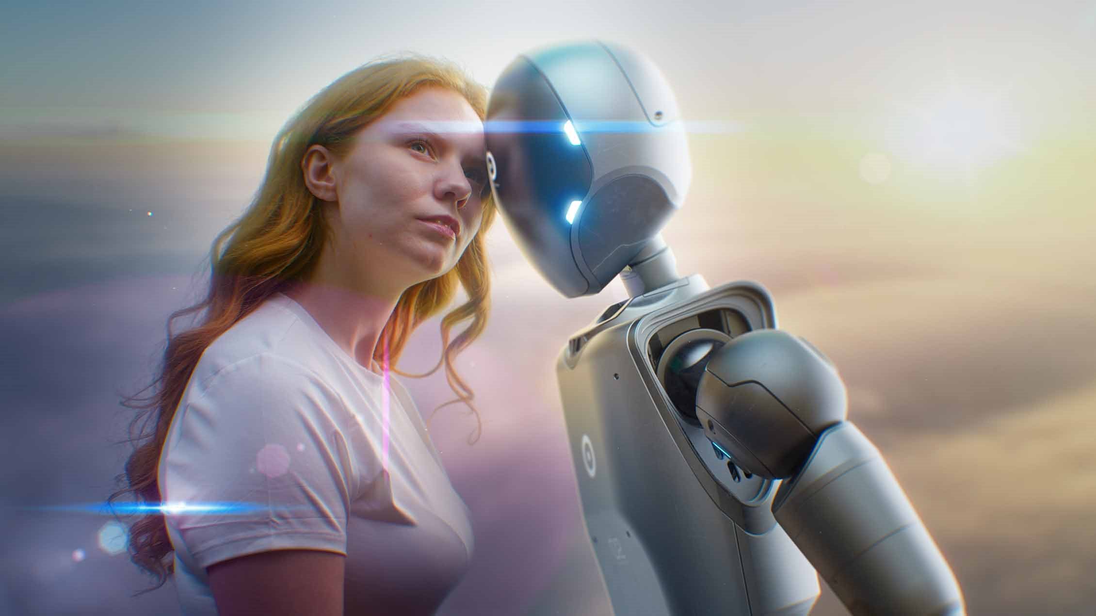 Mlada žena i humanoidni robot u simboličnom susretu koji predstavlja komunikaciju između ljudi i veštačke inteligencije.