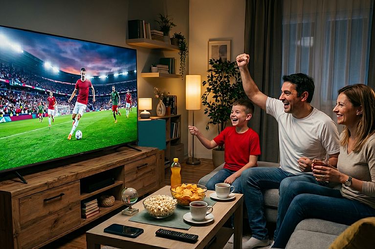 Porodica prati utakmicu Svetskog prvenstva 2026 na velikom Hisense televizoru uz vrhunski kvalitet slike i zvuka u modernom dnevnom boravku.