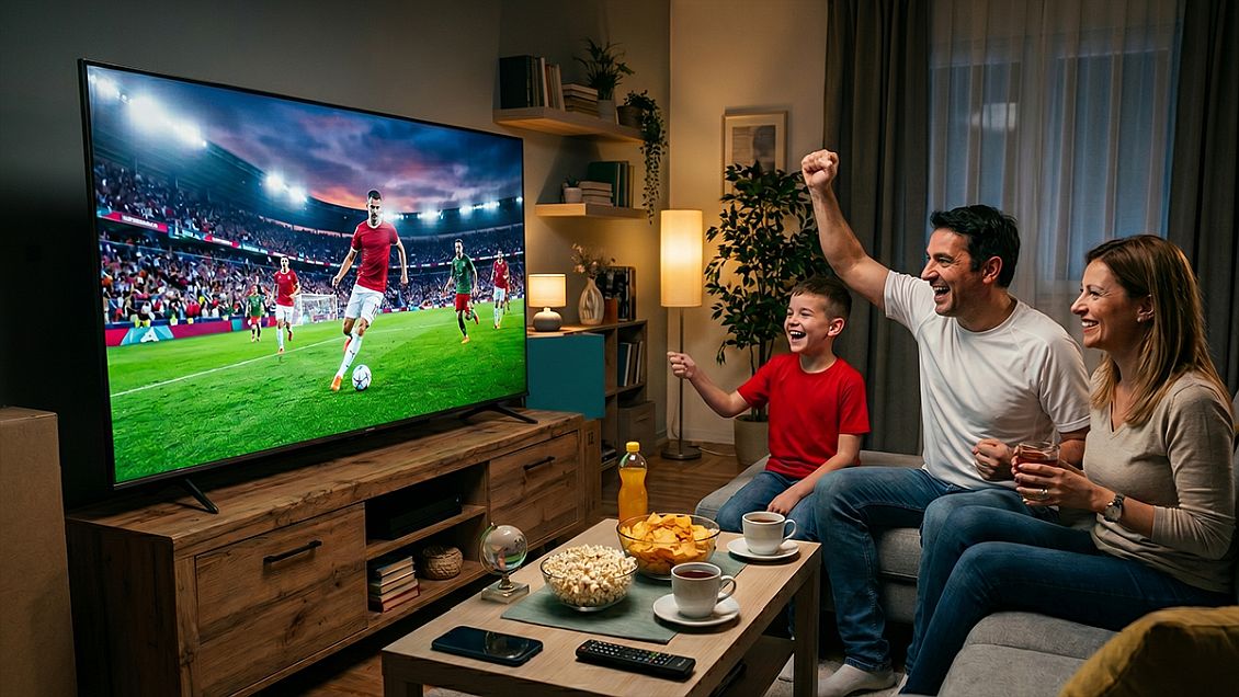 Porodica prati utakmicu Svetskog prvenstva 2026 na velikom Hisense televizoru uz vrhunski kvalitet slike i zvuka u modernom dnevnom boravku.