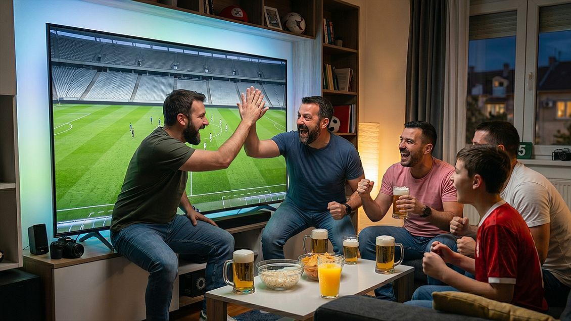 Gledanje utakmice Svetskog prvenstva na velikom televizoru uz društvo i kućnu atmosferu.