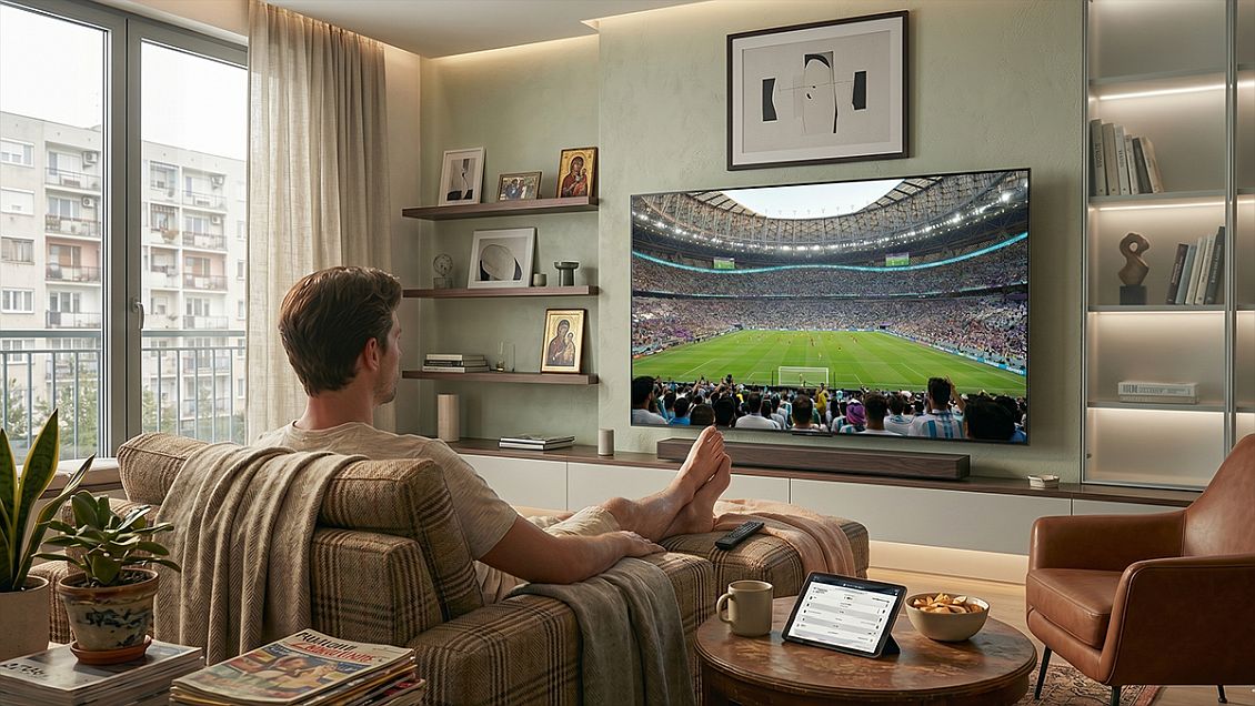Prenos fudbalske utakmice na velikom televizoru sa kvalitetnom slikom u kućnom okruženju.