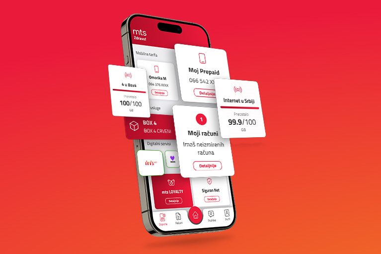 Moj mts aplikacija na mobilnom telefonu sa prikazom potrošnje interneta, računa, prepaid kredita i digitalnog upravljanja mts uslugama.